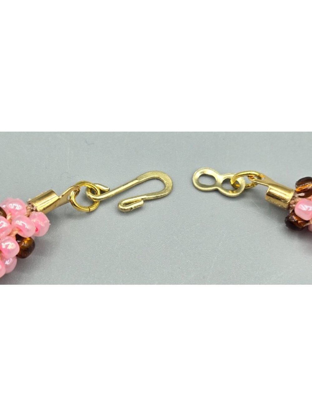 Large Pink and Brown Seed Bead Kumihimo Necklace with Gold Tone Hook Clasp 19 in - Picture 4 of 4